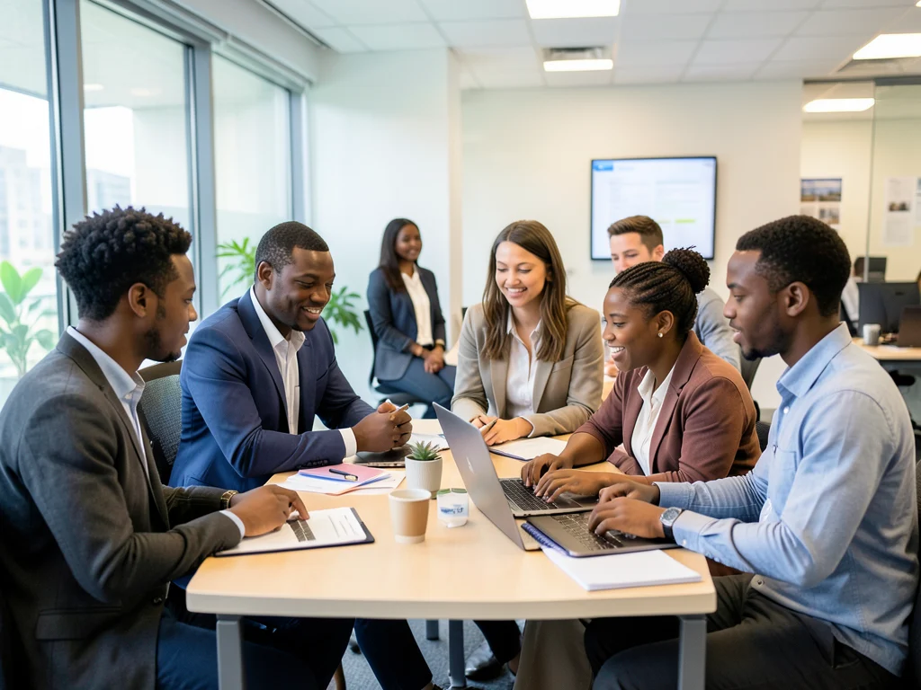 Young professionals engaged in a learning and collaborative environment.