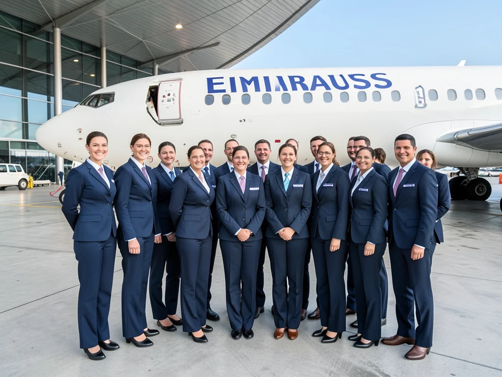 Emirates cabin crew members posing in front of an airplane.