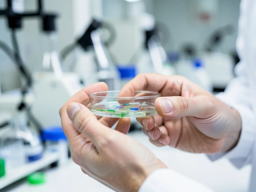Close-up of a scientist's hands working with a petri dish in a lab.
