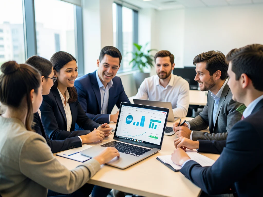 Interns collaborating on HR and financial data in an office setting.