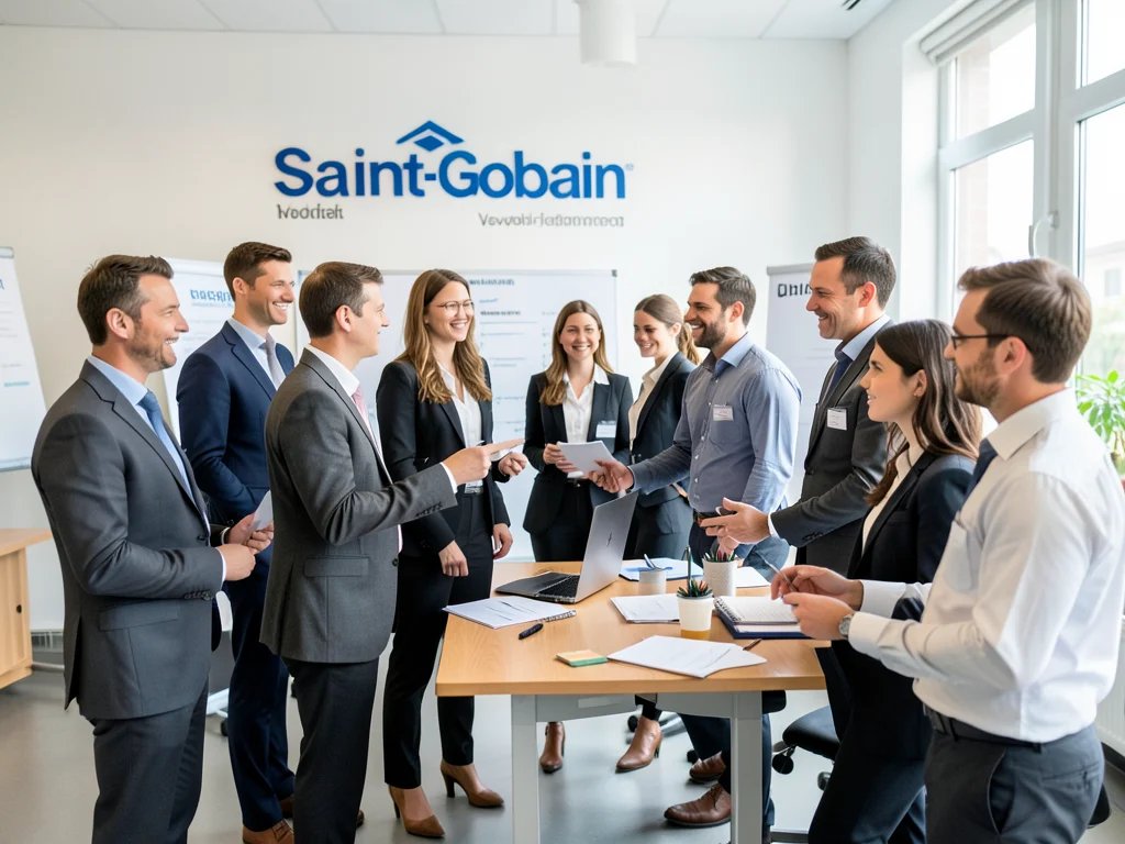 Graduates engaged in a development program at Saint-Gobain, learning from experienced professionals.
