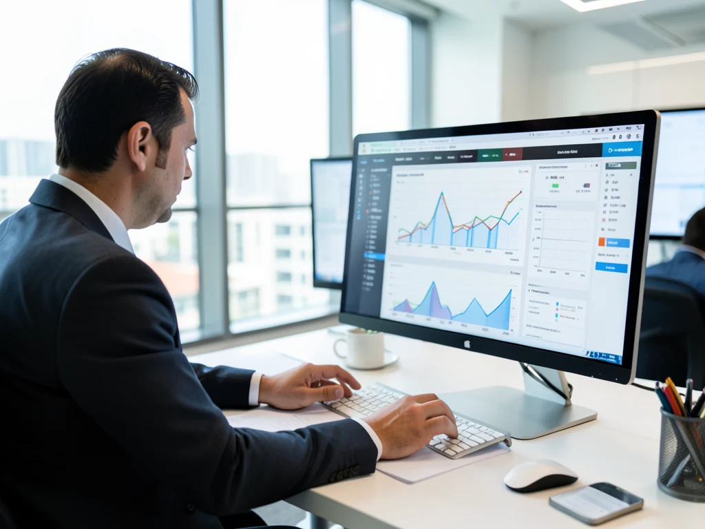 Professional analyzing data on a computer screen.