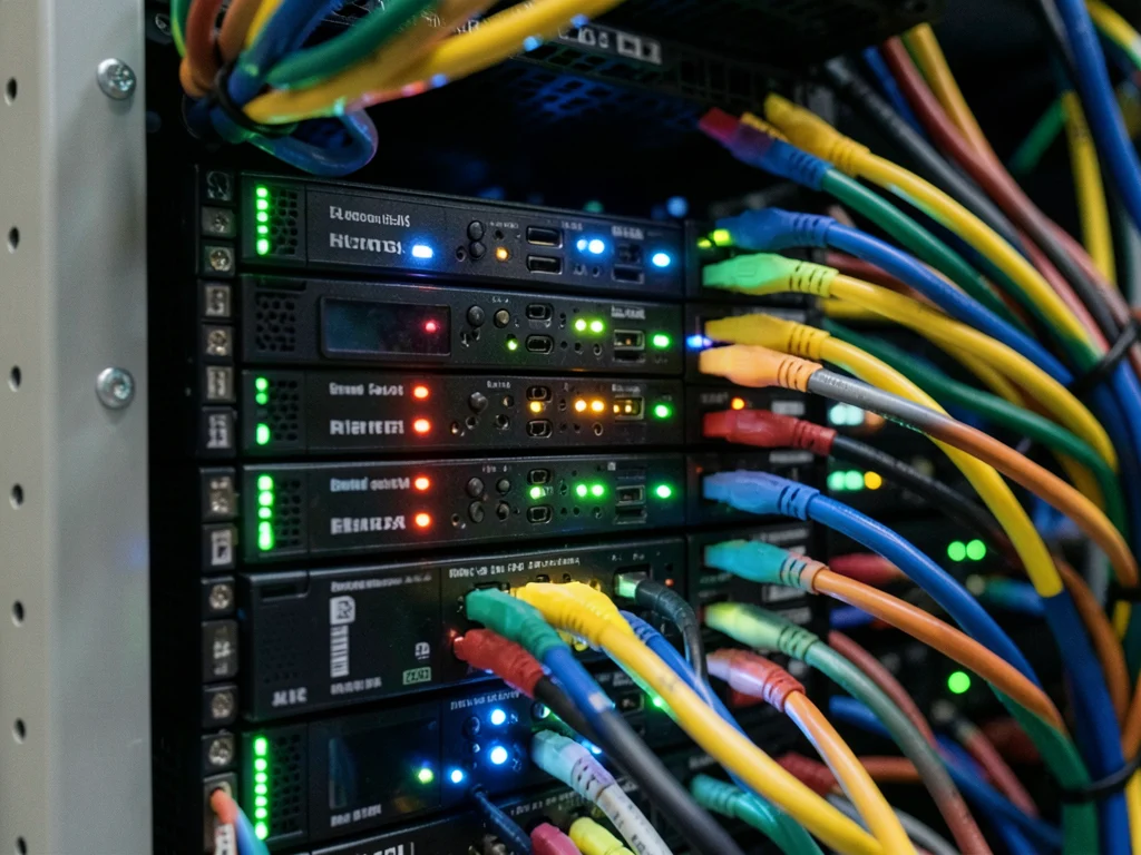 Close-up of a server rack indicating data infrastructure.