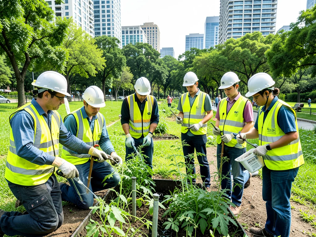 Interns conducting environmental fieldwork in a city park.
