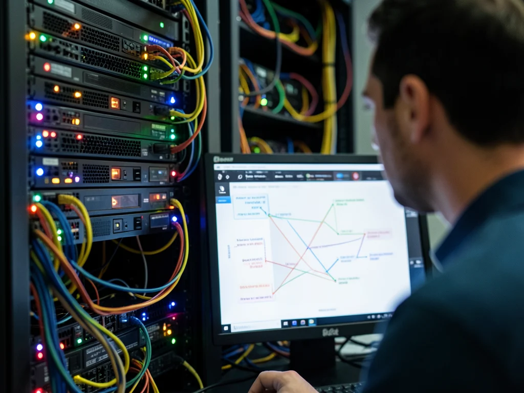 Data engineer working with server infrastructure and data flow diagrams.