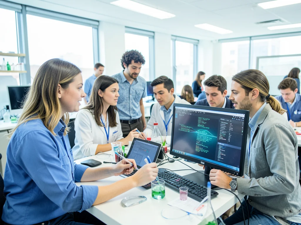 Medical researchers working in a lab with DNA sequencing data.