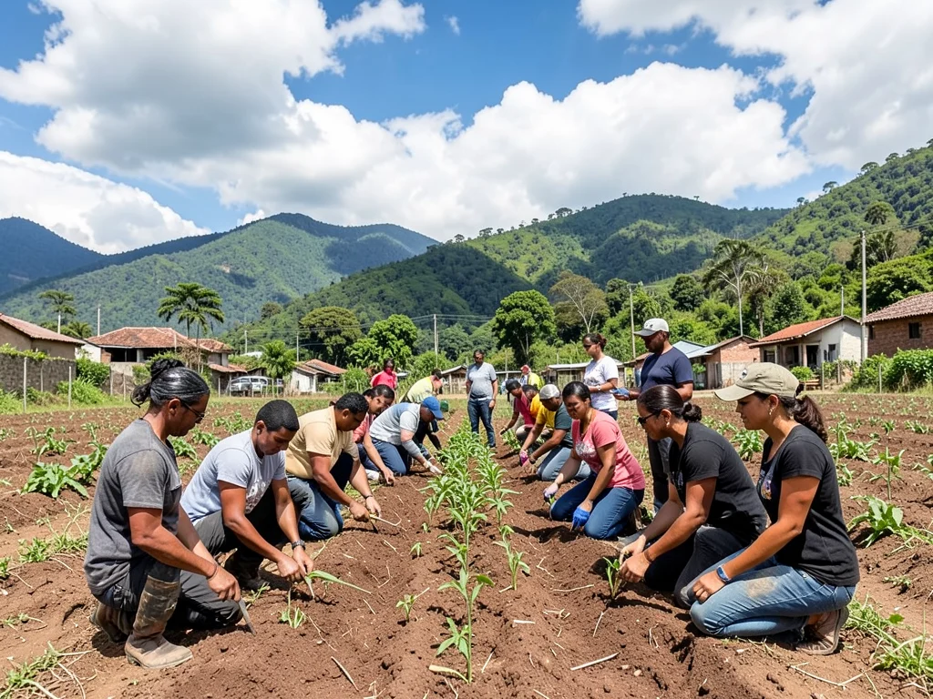 Community members planting seedlings to build agricultural resilience.