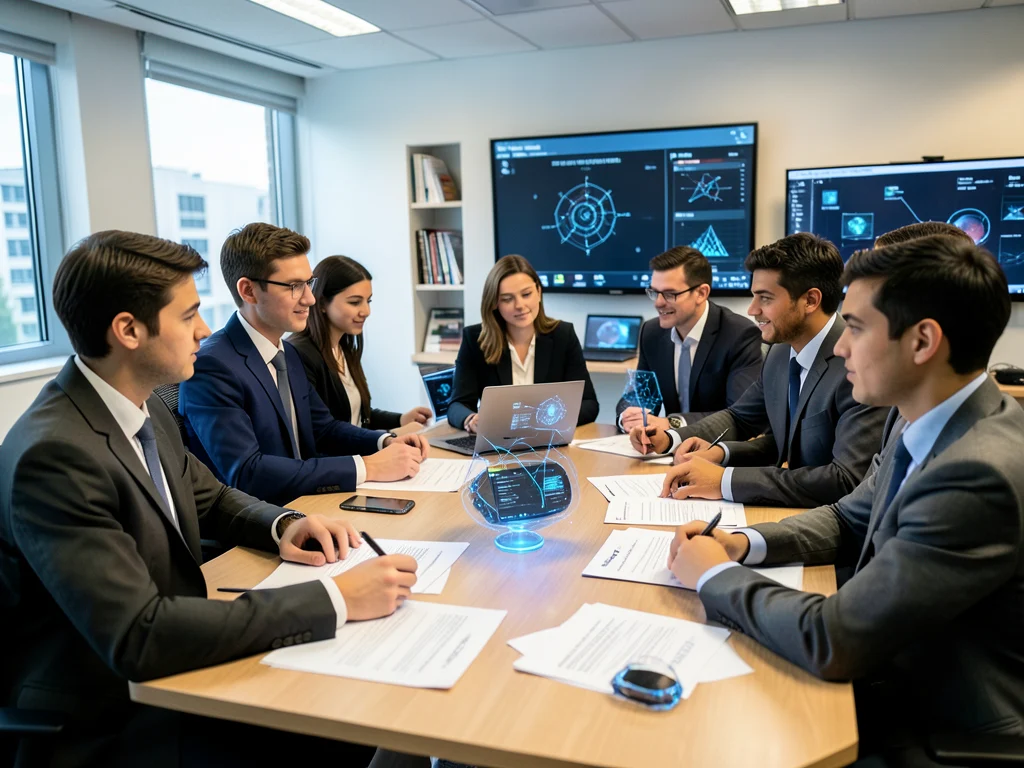 Diverse group of professionals including students, lawyers, and tech workers collaborating on AI and law projects.