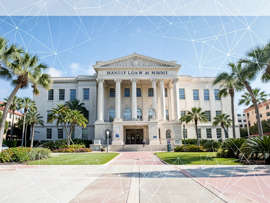 University of Miami Law building with futuristic AI network graphics, symbolizing the Miami Law & AI Lab.