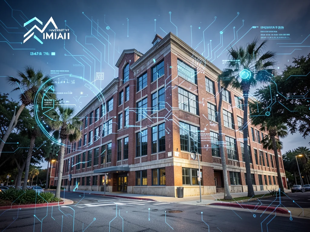 University of Miami School of Law building with AI-themed digital overlay.
