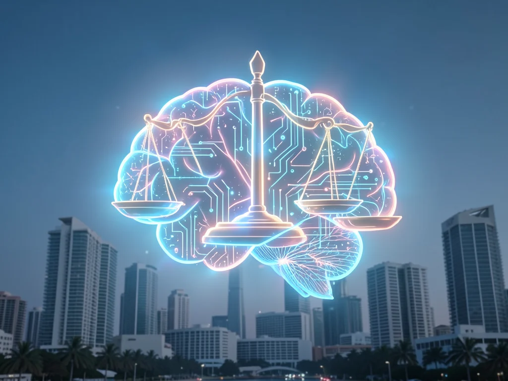 Abstract image symbolizing AI, law, and ethics research with Miami influence.