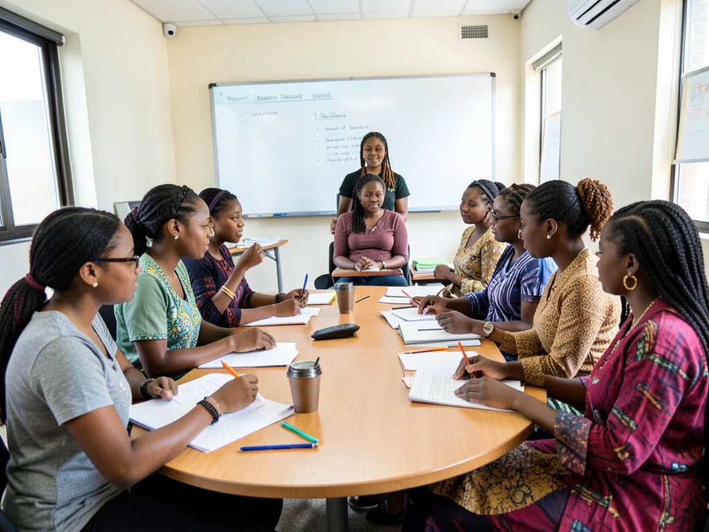 Young Nigerian women learning in a workshop setting.