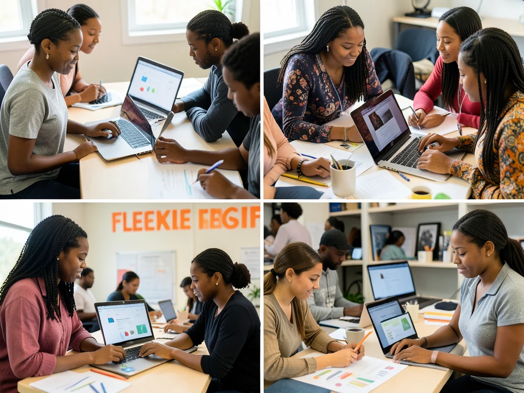 Young Nigerian women engaging in flexible online and in-person learning.
