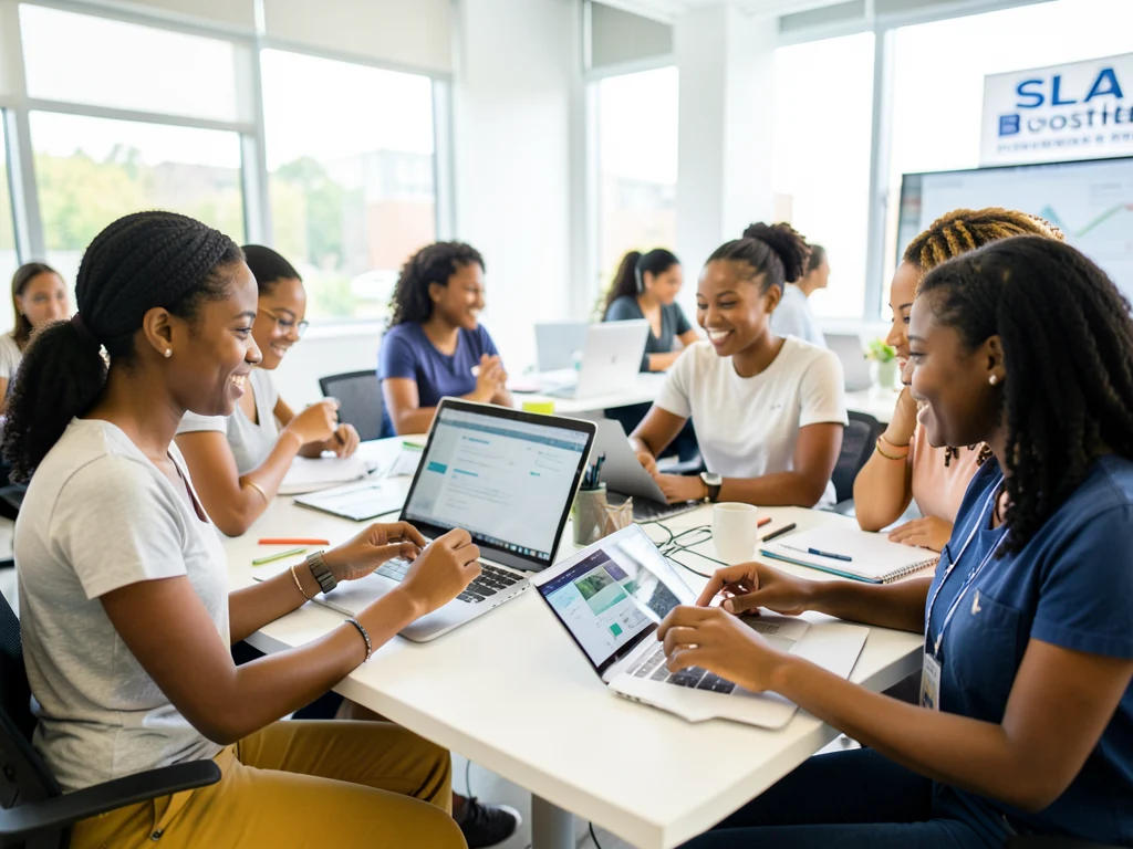 Young Nigerian women engaging in a digital learning environment, representing the SLA BoostHer Program.