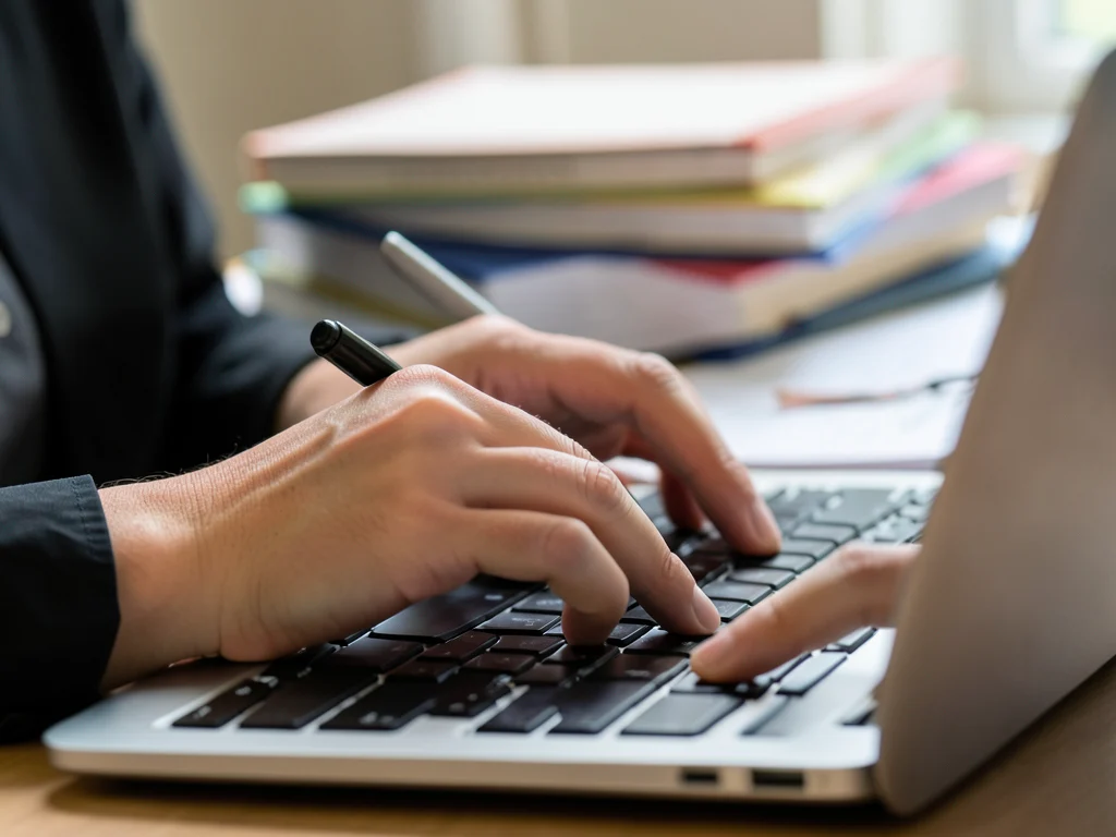 Hands typing on a laptop, surrounded by academic materials.
