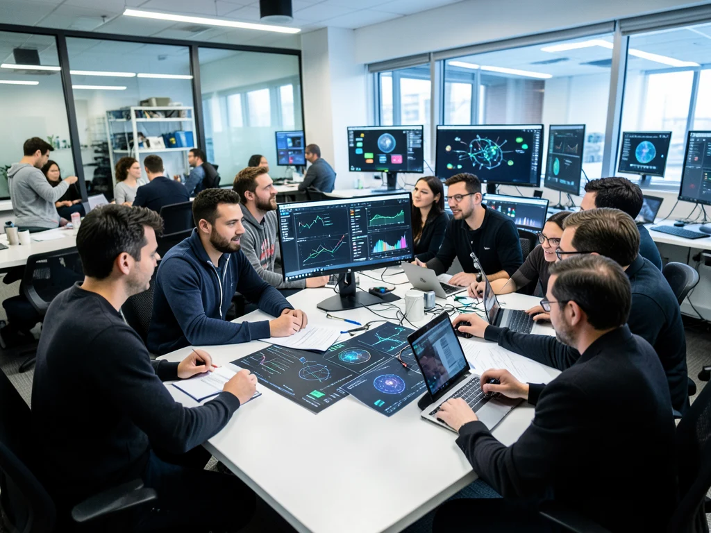 Researchers collaborating on AI evaluation projects.