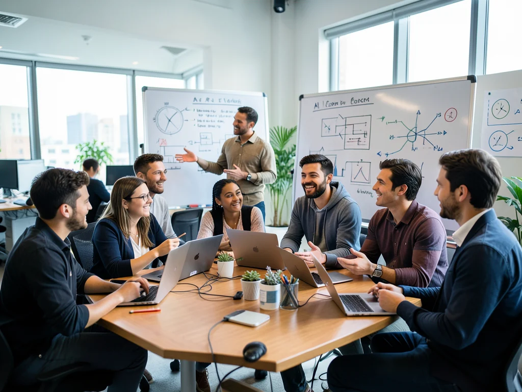 Potential applicants discussing AI evaluation concepts in a startup setting.