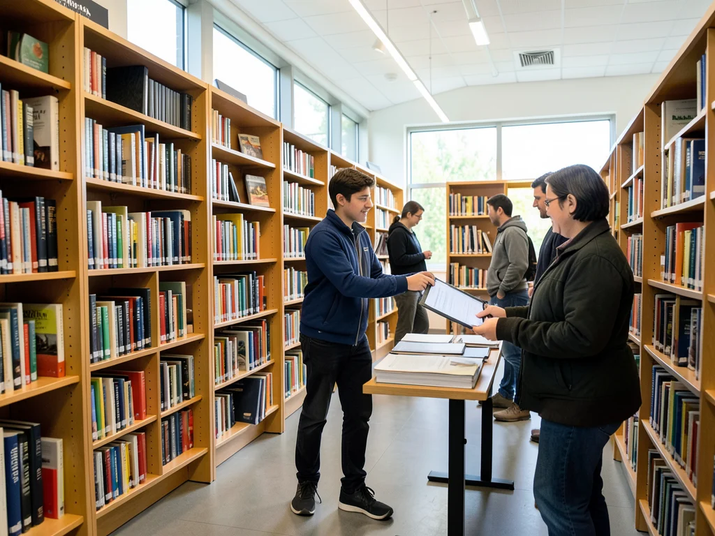 Community services intern assisting a patron in a library.
