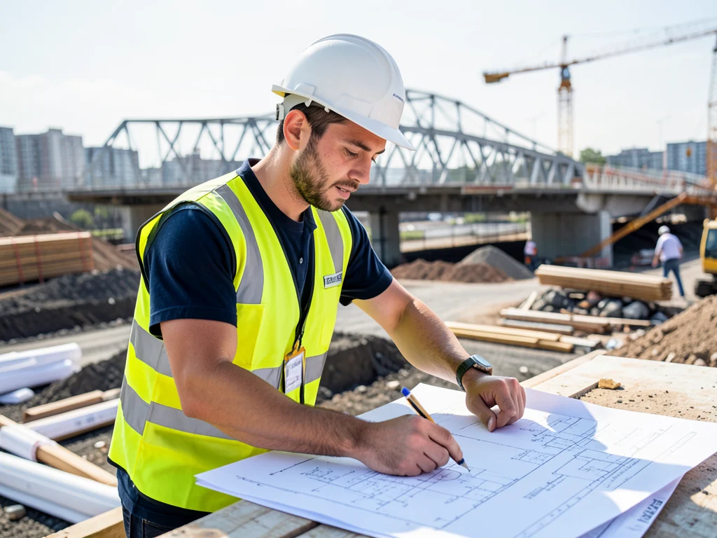 Civil engineering intern inspecting infrastructure project.