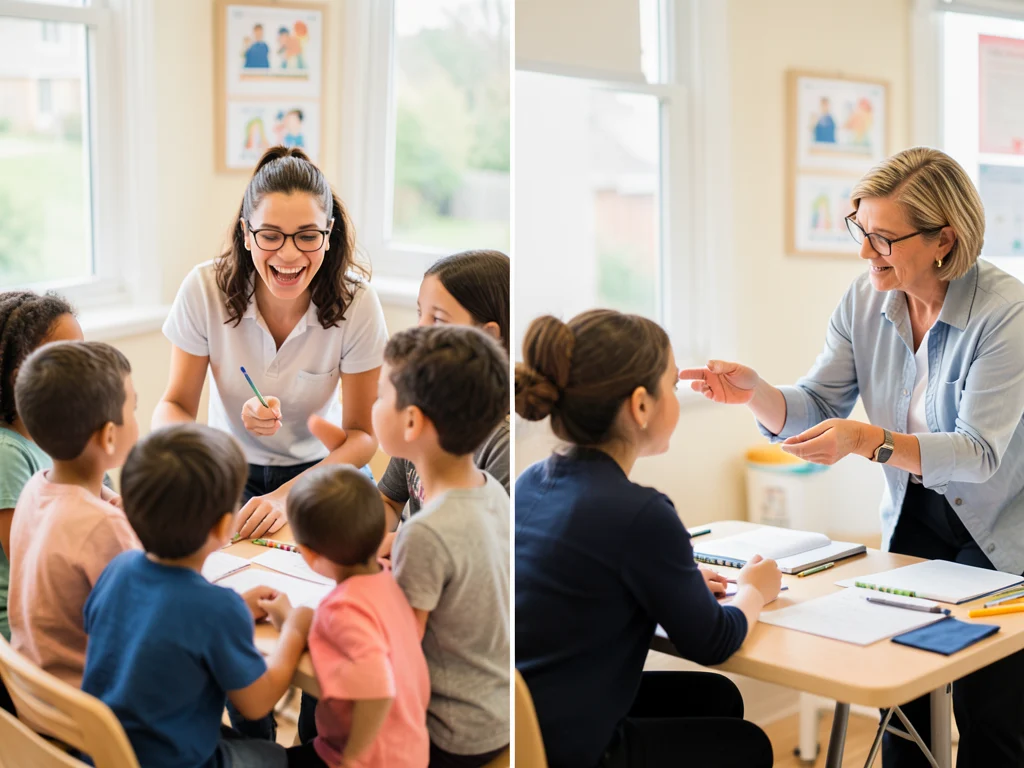 An aspiring teacher engaging with learners, with a mentor teacher providing support.