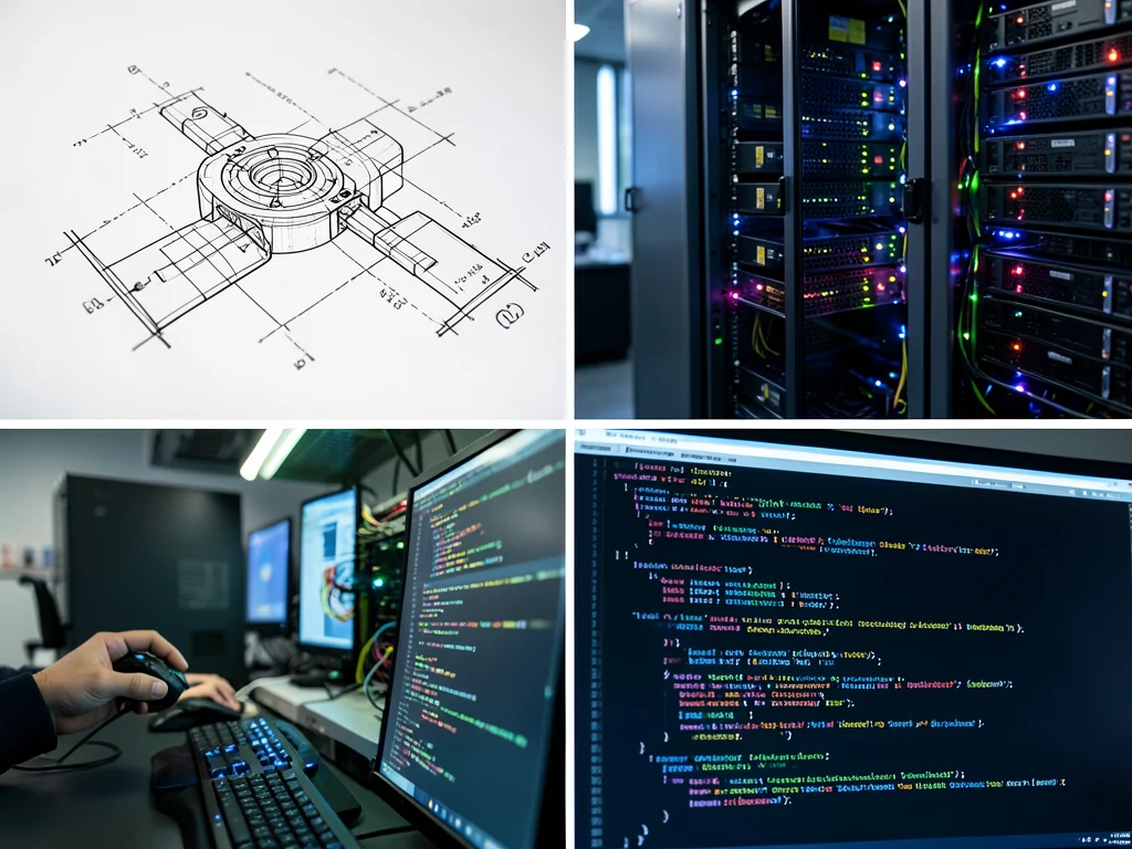 Collage of mechanical engineering components, server room, and code on a screen.
