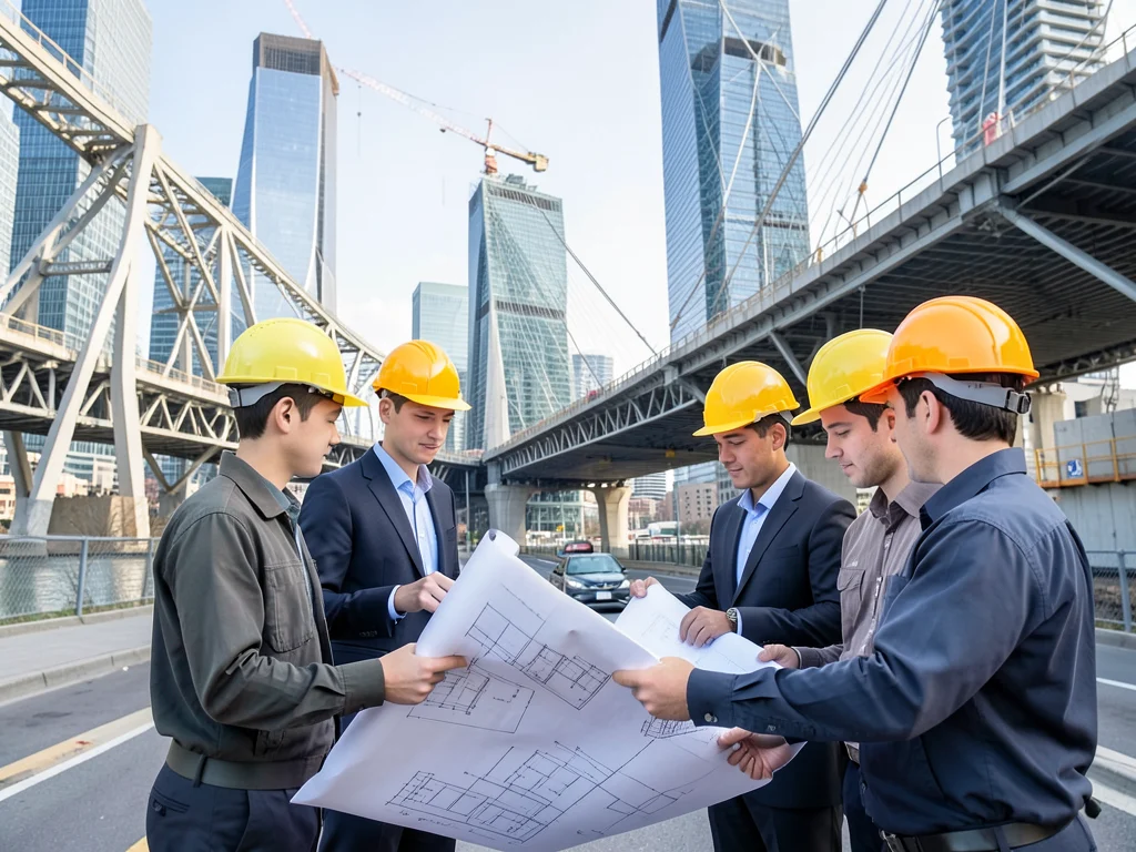 Young engineers reviewing blueprints in front of a cityscape with civil engineering structures.