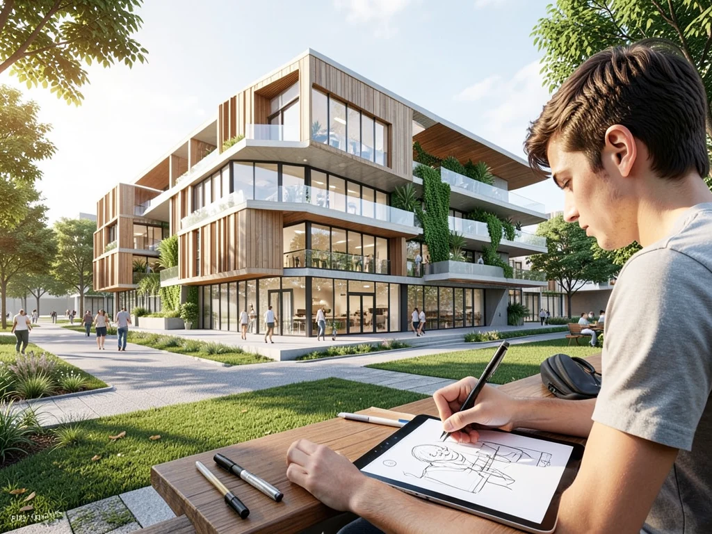 Architectural rendering of a modern building with a young architect sketching.