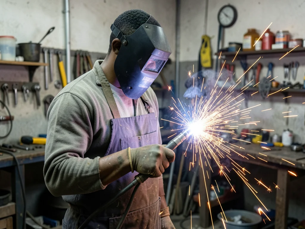 Learner artisan welder demonstrating welding skills.