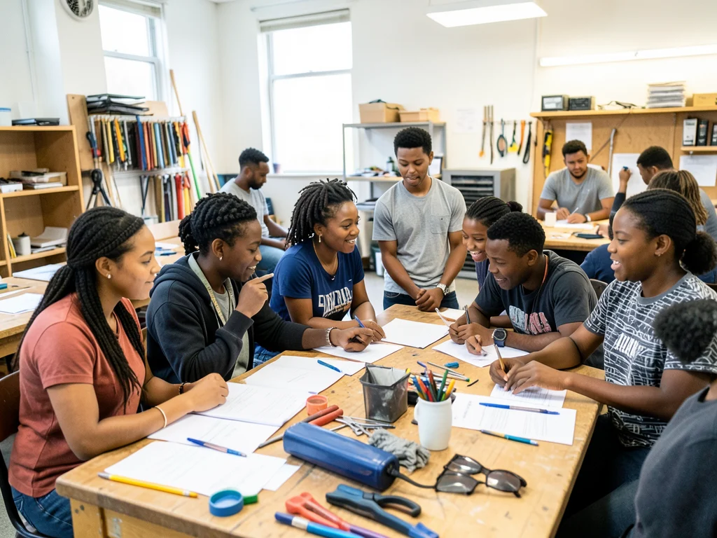 Young artisans collaborating in a workshop environment.