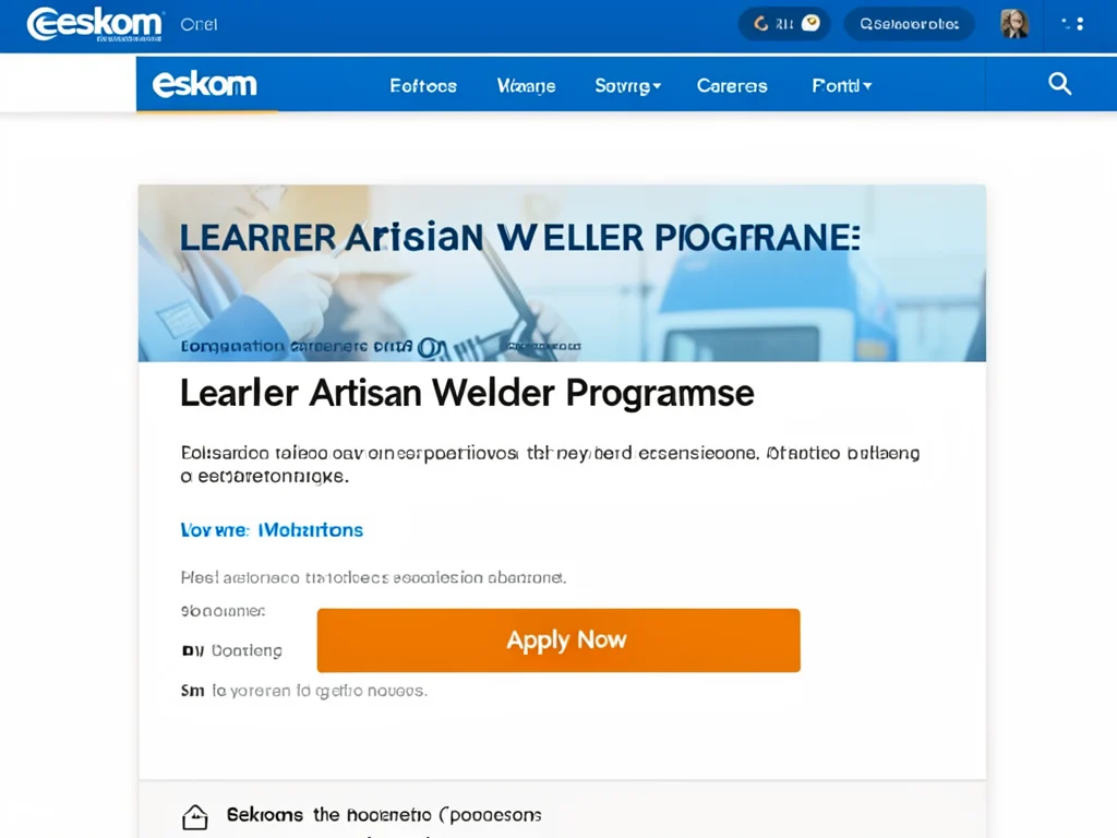 Eskom careers portal showing the application page for the welding learnership.