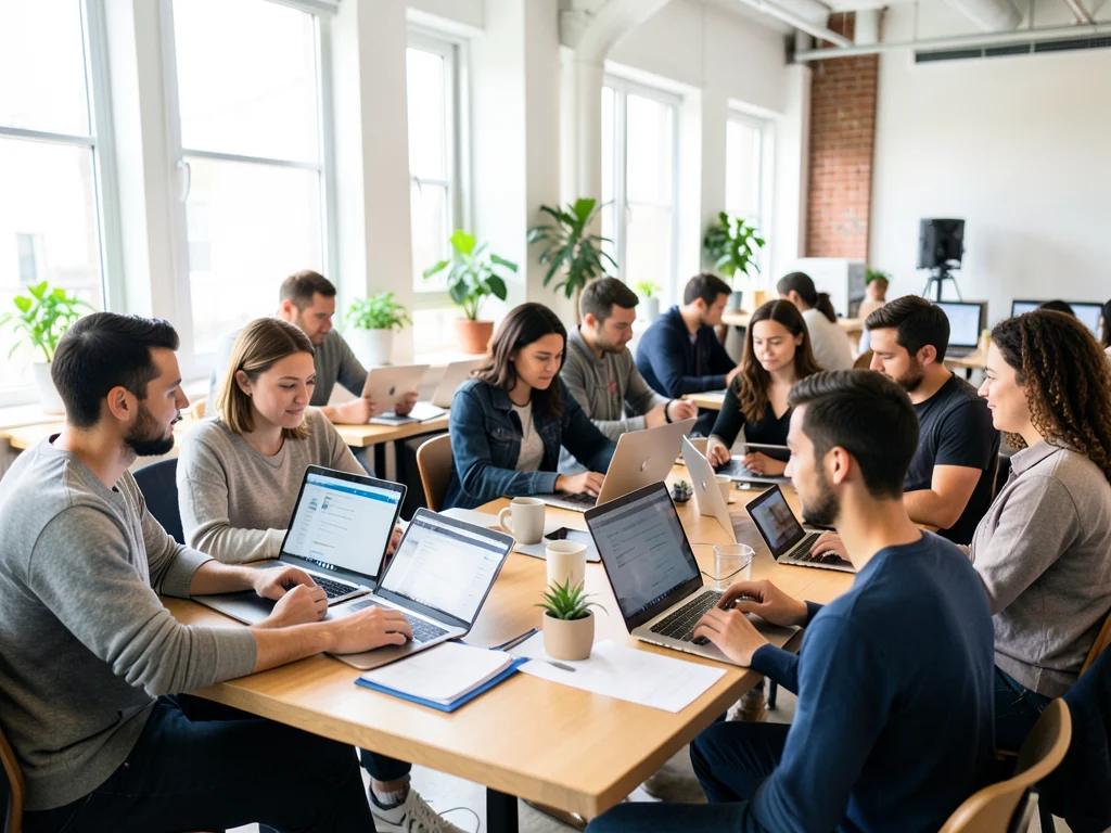 People working remotely as freelancers on various devices.