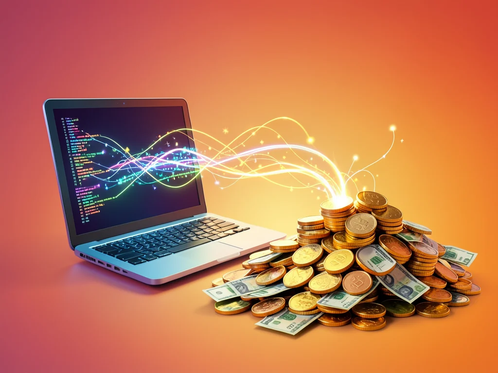 Digital connections transforming into money, symbolizing online income opportunities.