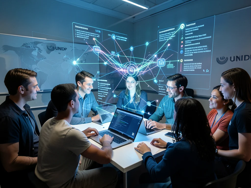 People learning AI and data governance from a UNDP course, with holographic data displays.