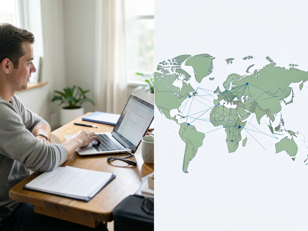 Illustration of a fellow working remotely from home with global connections.