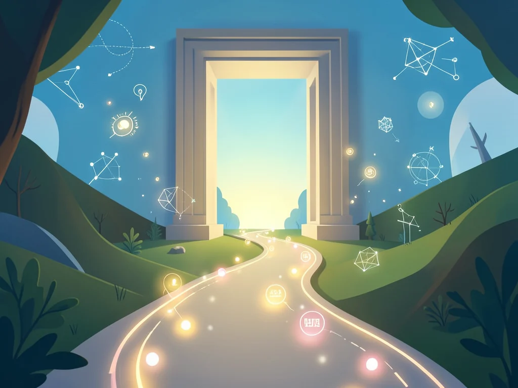 Abstract path leading to an open gateway, symbolizing opportunity and research.