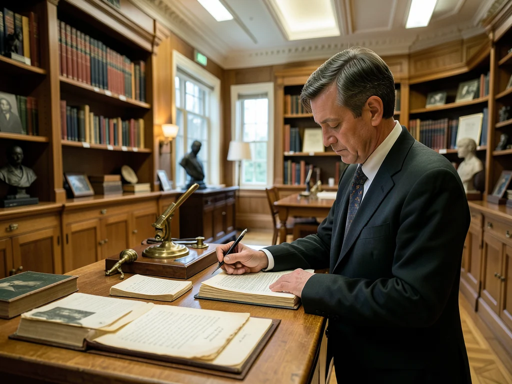 Researcher studying historical documents in an archive.