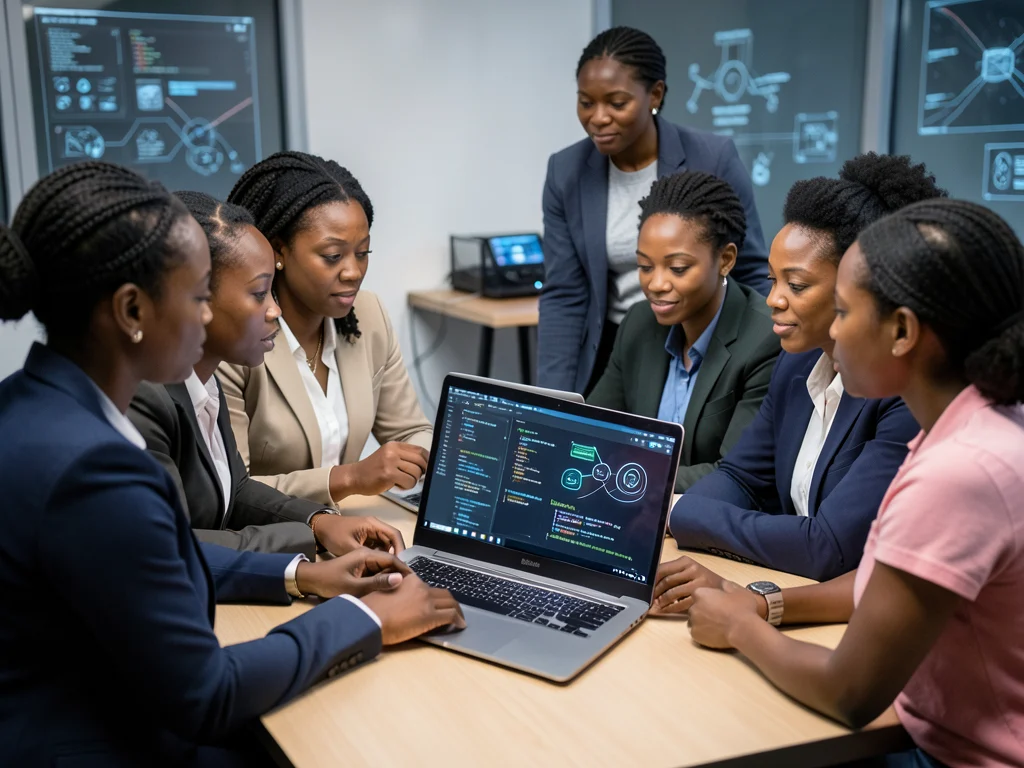 African women learning about AI security in a collaborative setting.