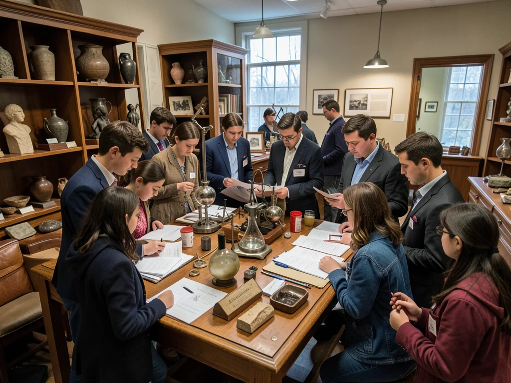 PhD students and Smithsonian researchers working together in a museum archive.