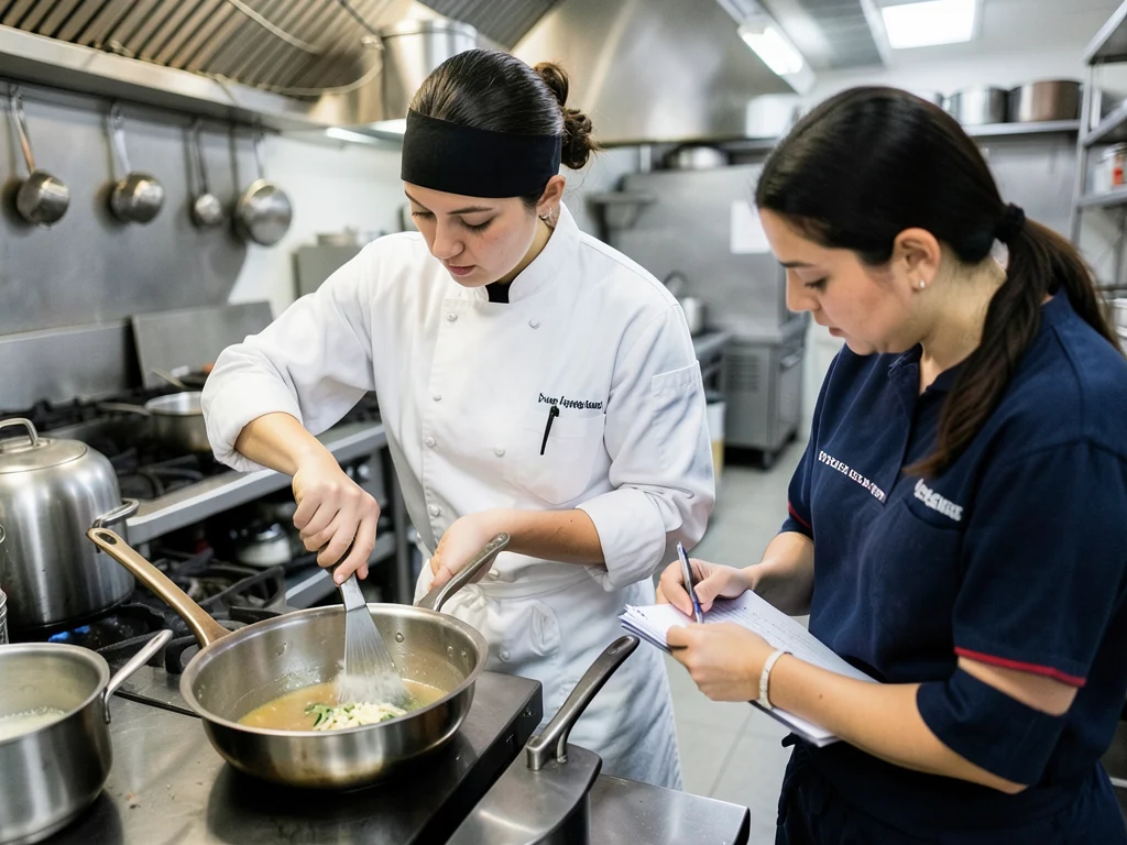 Assessor evaluating a culinary student during a practical assessment.
