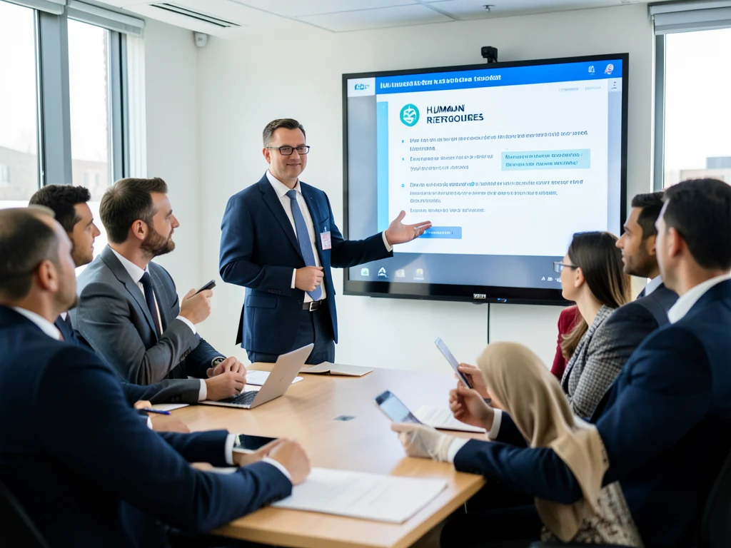 Team in an office setting during an HR-related discussion.