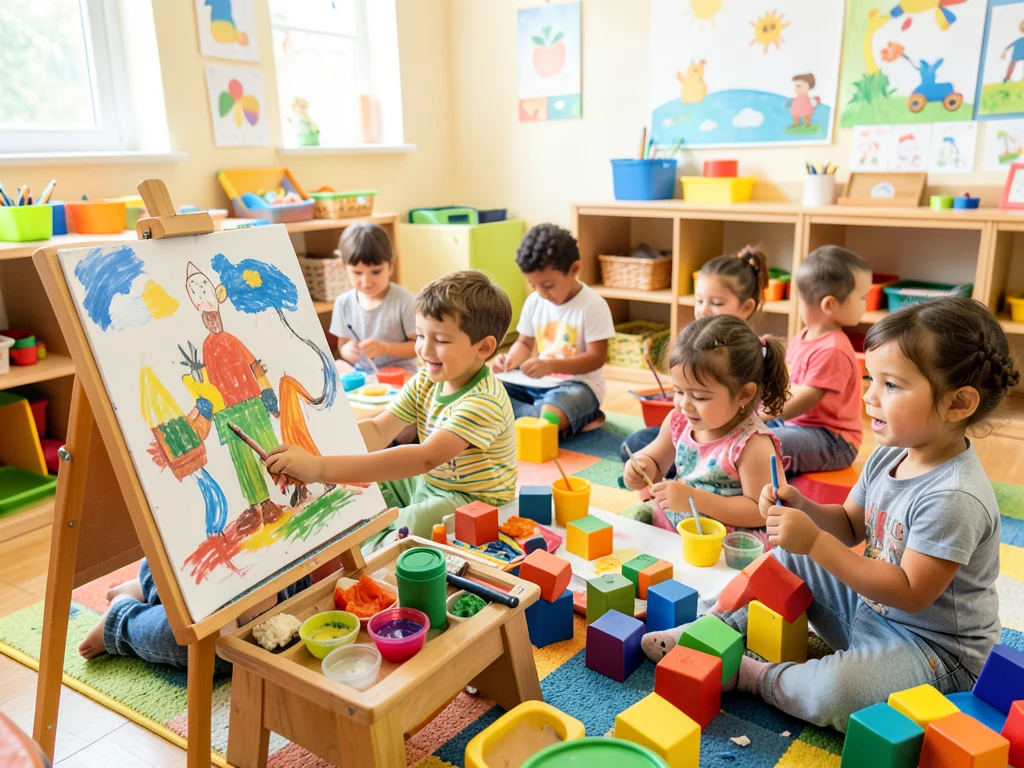 Children learning and playing in a vibrant preschool classroom.