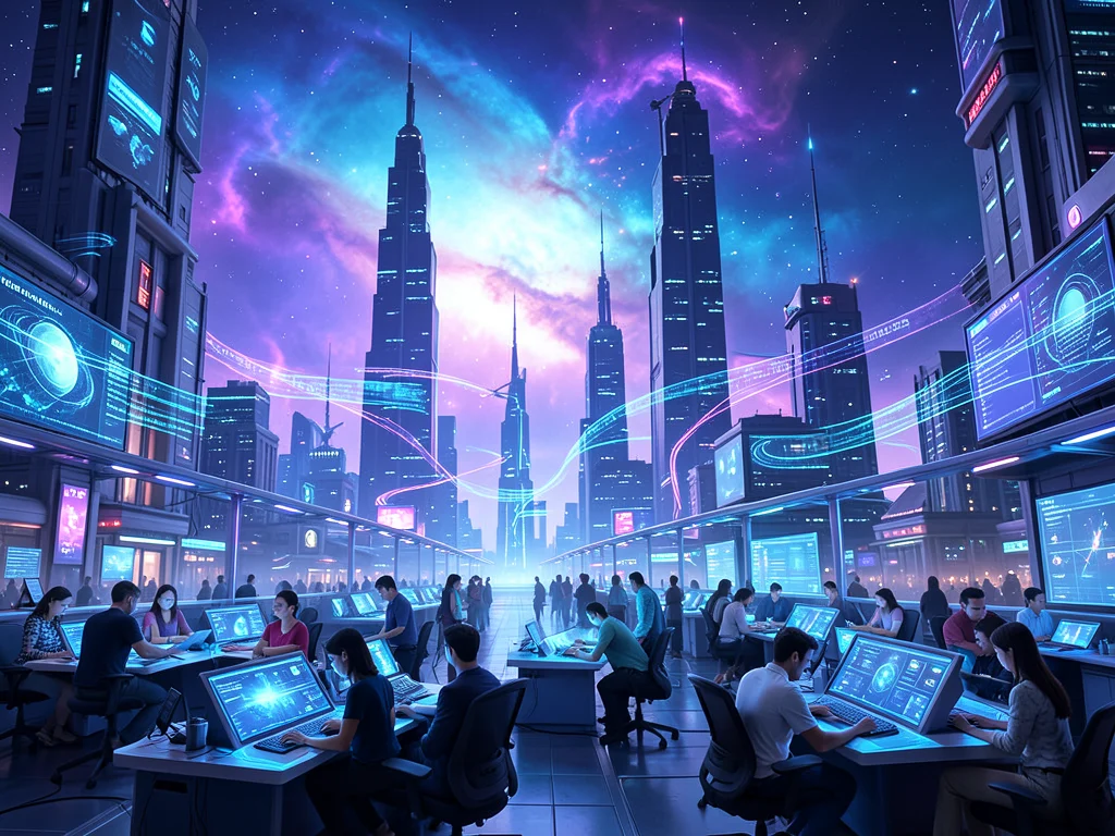 Futuristic city with holographic data streams, symbolizing space data innovation.