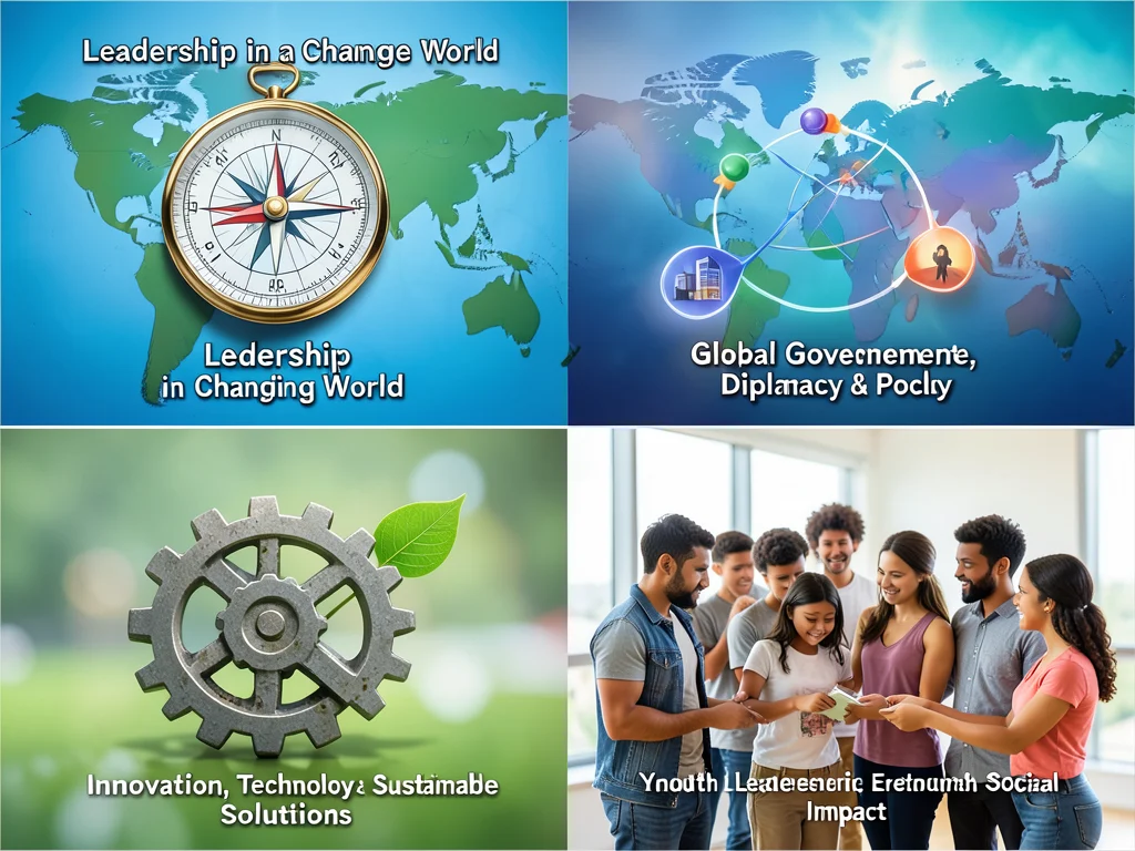 Visual representation of the four core themes of the World Leaders Convention 2027: Leadership, Global Governance, Innovation, and Youth Impact.