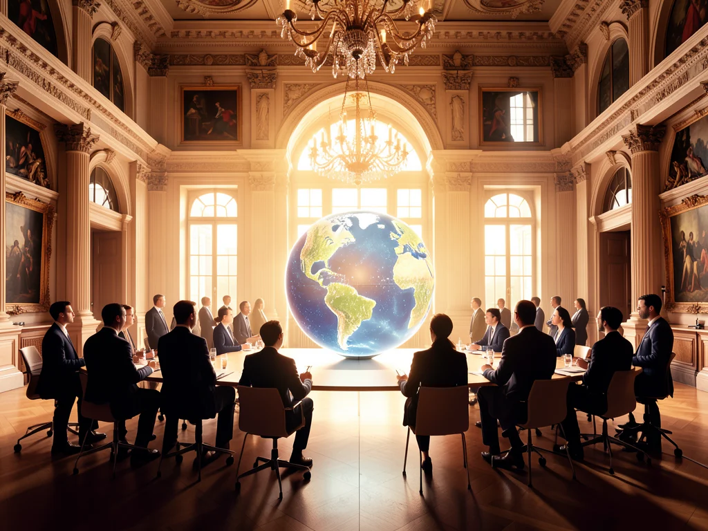 Global leaders convene in a modern Vienna conference hall, discussing international opportunities.