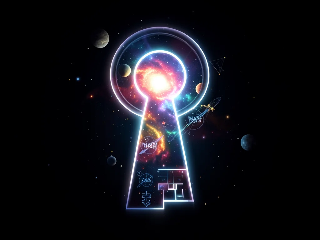 NASA's free online courses visualized as a glowing key unlocking the universe of open science.