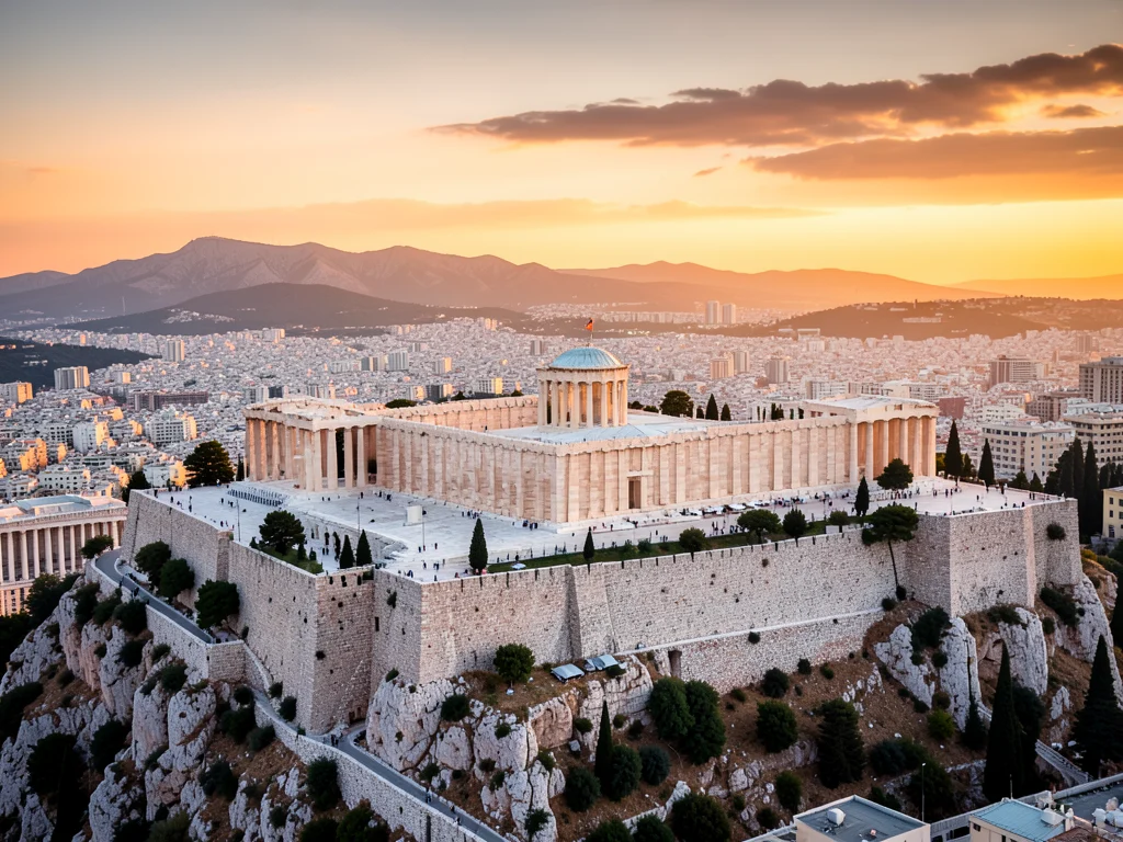 The Acropolis in Athens, Greece, at sunset, representing the location of the Global Peace Summit.