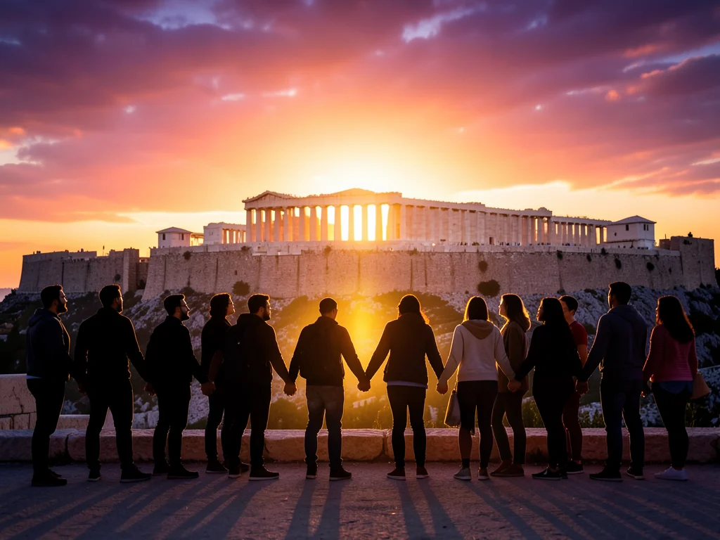 Young leaders at a global peace summit in Greece, symbolizing unity and hope.