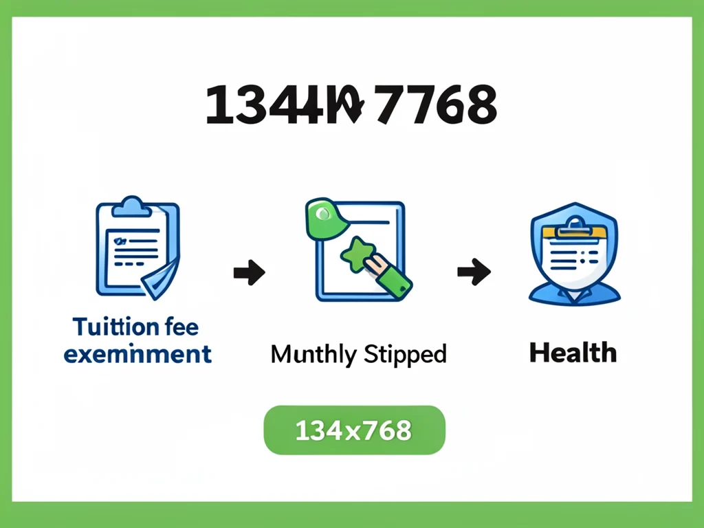Icons representing scholarship benefits: tuition waiver, monthly stipend, and health insurance.