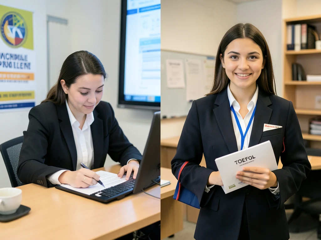 Student taking an English proficiency test and a student receiving a diploma, illustrating eligibility criteria.