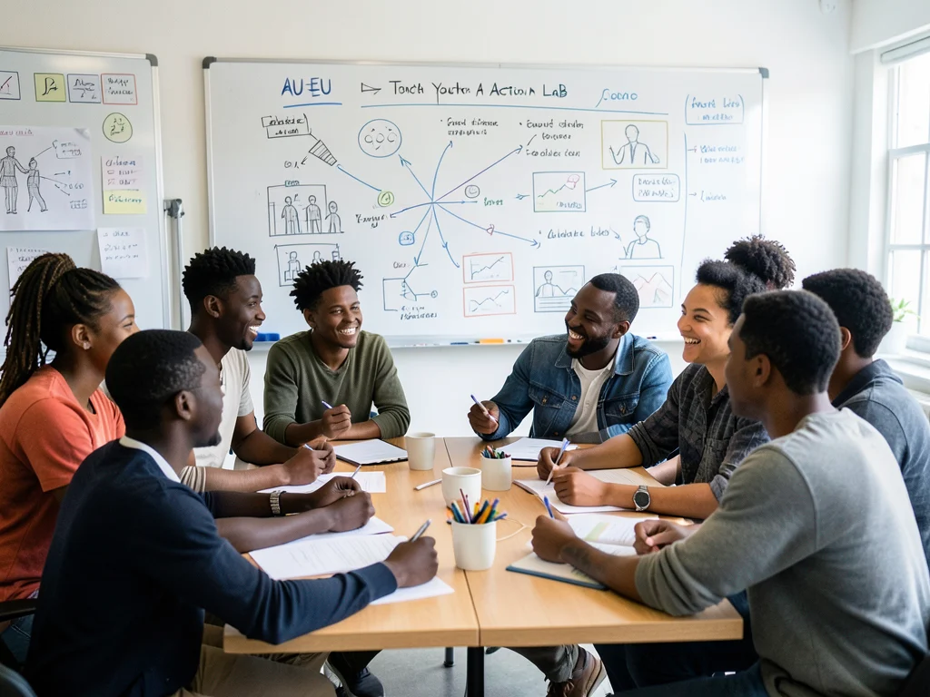 Young people from Africa and Europe collaborating on project ideas.